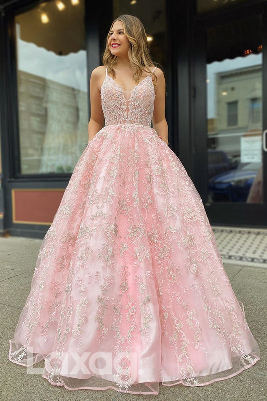 15791 - Spaghetti Straps Pink Beaded Lace Long Prom Dress with Pockets|LAXAG