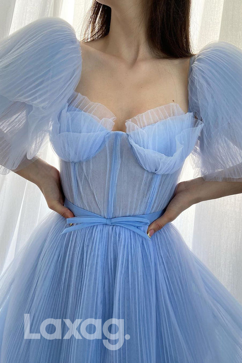 15799 - Light Blue Tulle Short Sleeves A-line Formal Dress with Pocket Laxag 15799 - Light Blue Tulle Short Sleeves A-line Formal Dress with Pocket Laxag