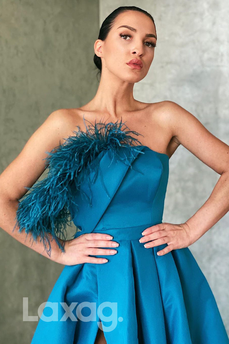 16704 - Chic Feathers Blue Satin High Split Formal Dress|LAXAG