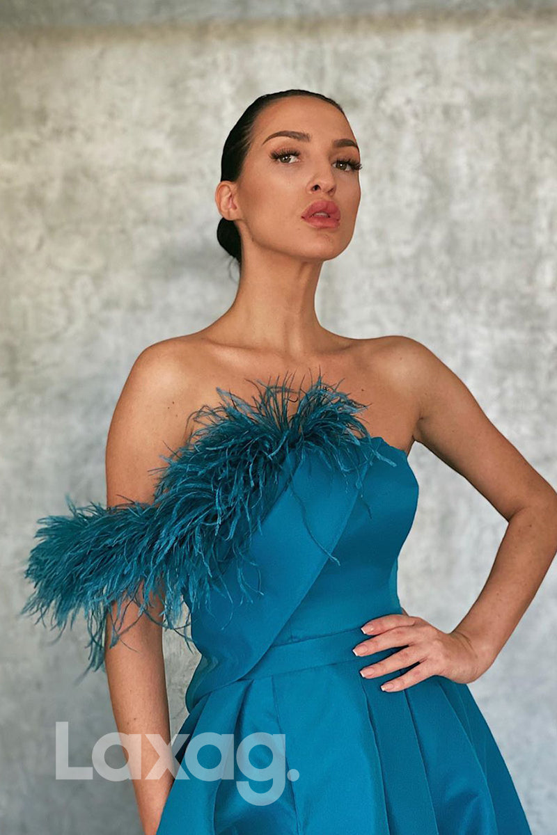 16704 - Chic Feathers Blue Satin High Split Formal Dress|LAXAG