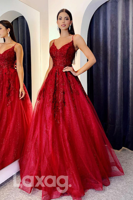 18753 - Spaghetti Straps Lace Applique Red Formal Evening Dress|LAXAG