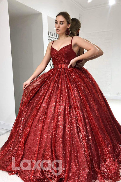 18793 - Ball Gown Spaghetti Straps Burgundy Long Prom Dresses Glitter|LAXAG