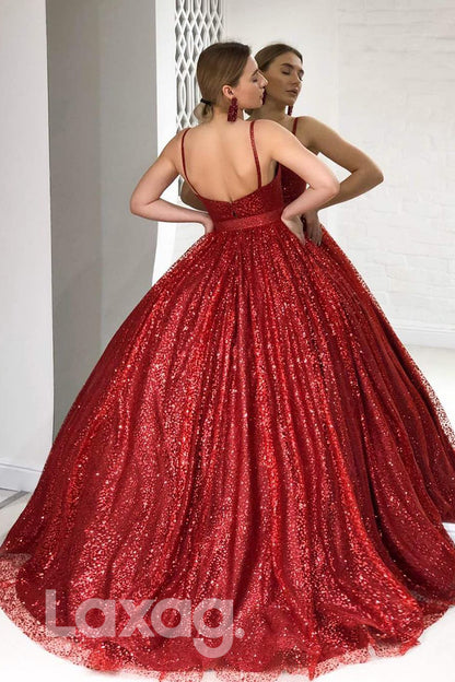 18793 - Ball Gown Spaghetti Straps Burgundy Long Prom Dresses Glitter|LAXAG