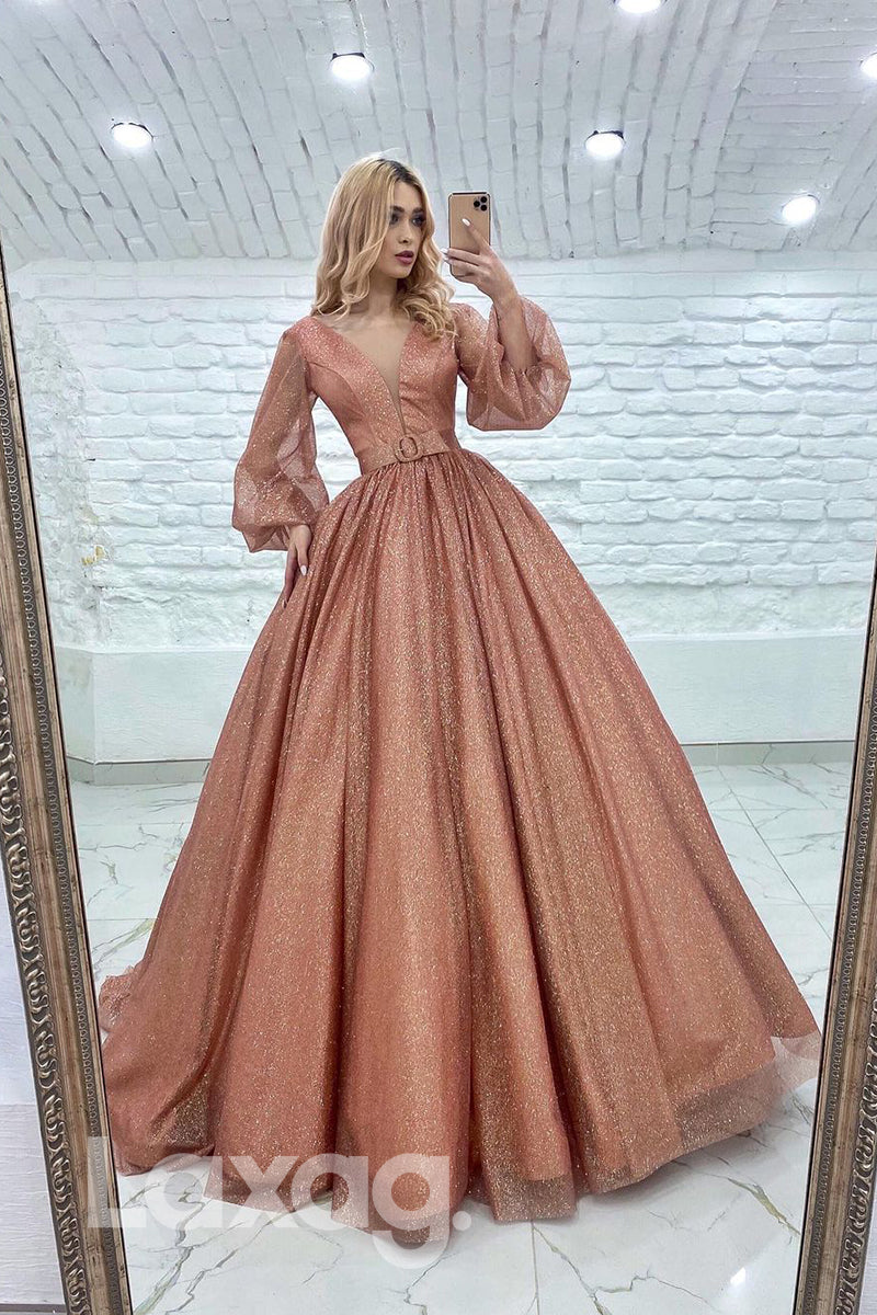 19703 - Deep V-Neck Long Sleeves Prom Ball Gown Long Formal Evening Dress|LAXAG