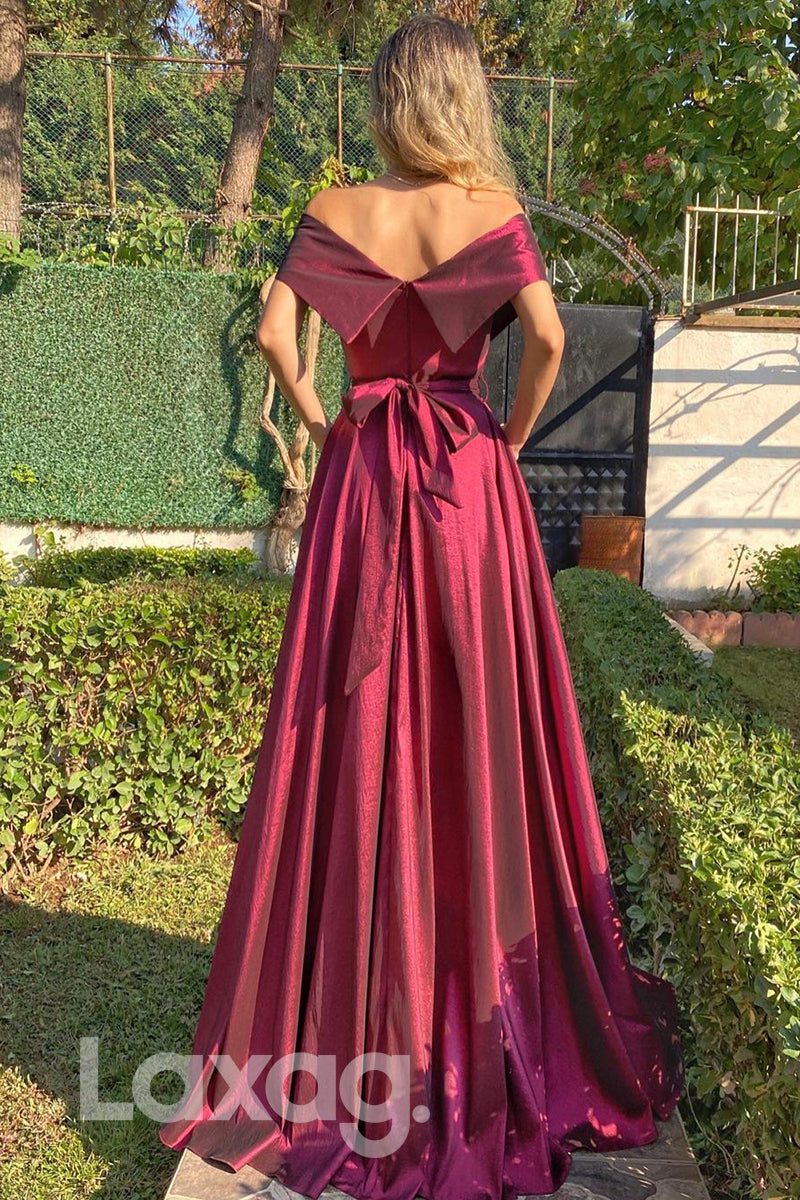 19709 - Off Shoulder Satin Pleats A-line Long Prom Dresses|LAXAG