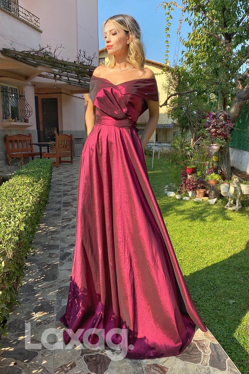 19709 - Off Shoulder Satin Pleats A-line Long Prom Dresses|LAXAG