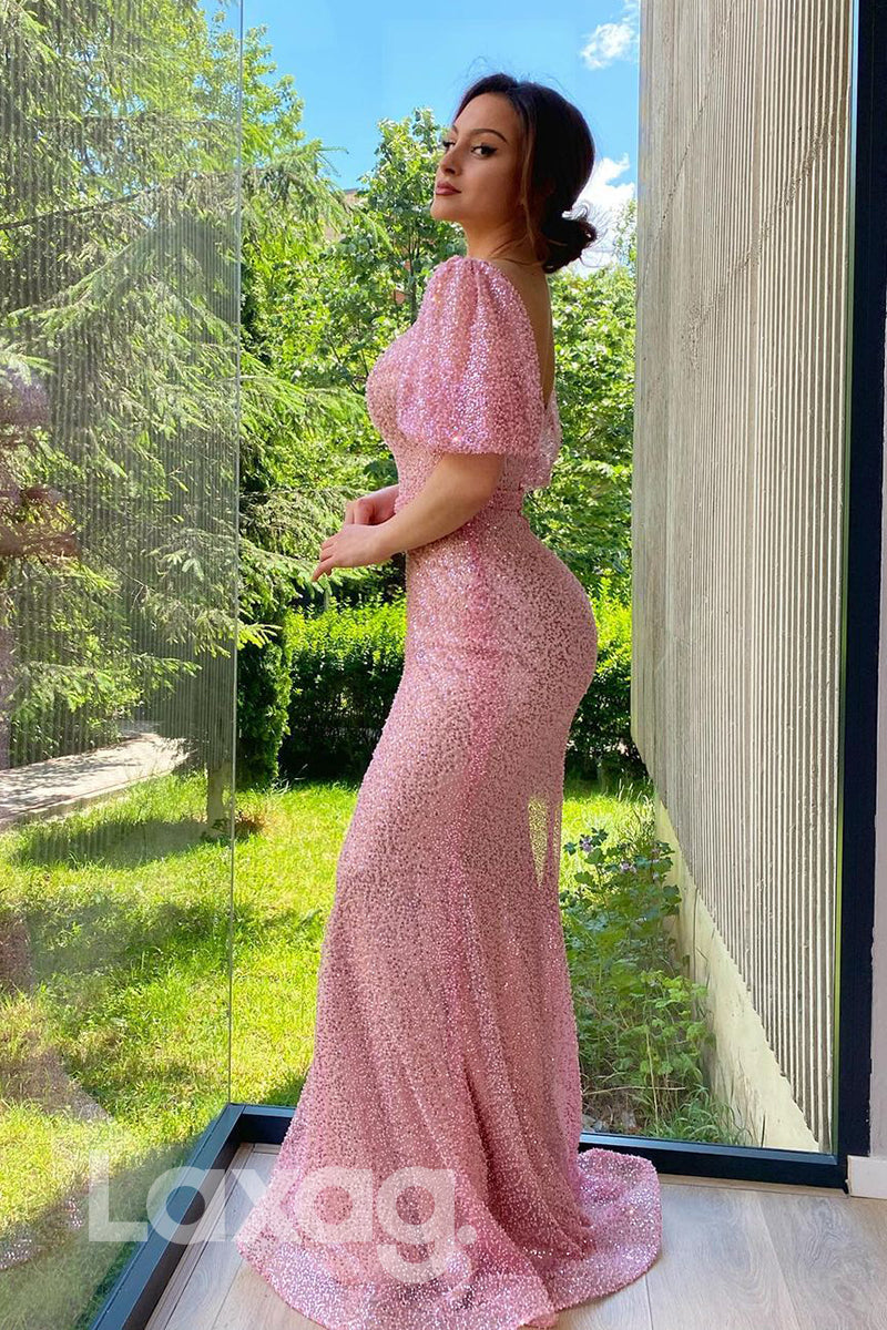 17779 - Scoop Pink Sequins Short Sleeves Mermaid Prom Formal Dress|LAXAG