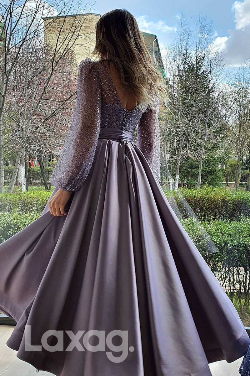 17783 - Scoop Sequins Long Sleeves A-line Long Formal Evening Dress|LAXAG