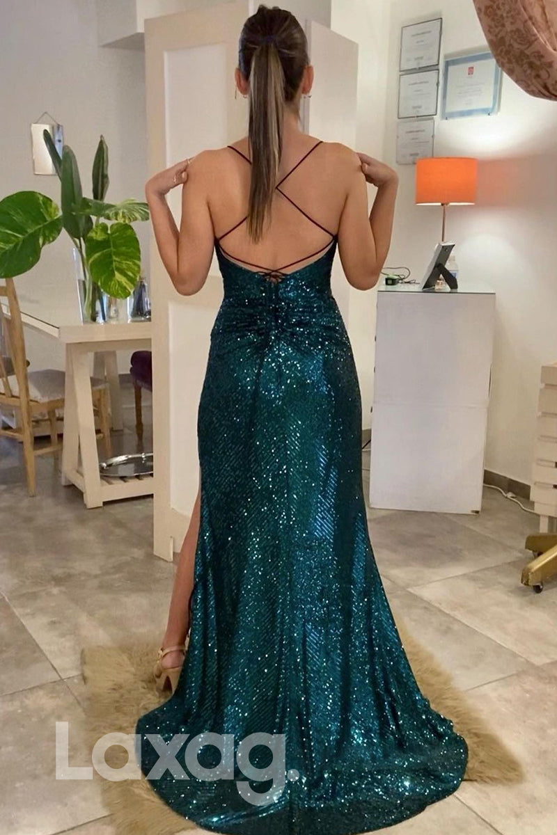 17794 - Spaghetti Straps Sequins Pleats Mermaid Prom Dress with Slit|LAXAG