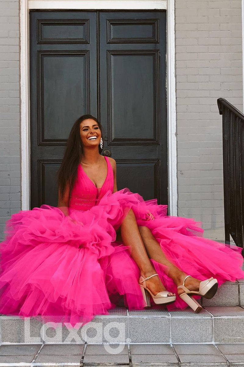 16855 - Plunging V-neck Pink Tulle High Low Senior Prom Dress|LAXAG