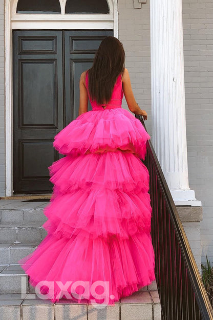 16855 - Plunging V-neck Pink Tulle High Low Senior Prom Dress|LAXAG