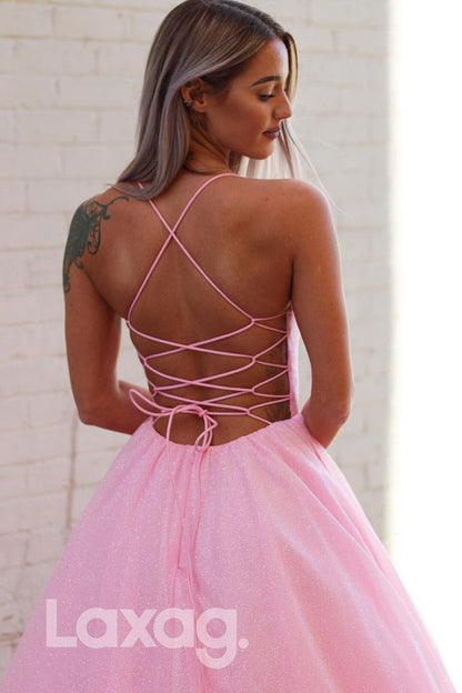 16842- A-line Plunging V-neck Pink Sparkly Prom Dress with Pockets|LAXAG