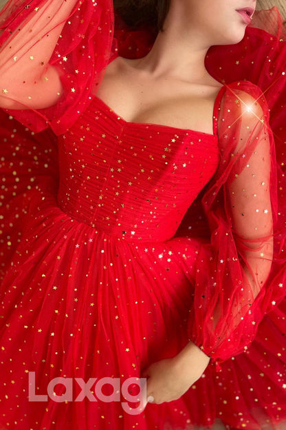 16852 - A-line Sweetheart Long Sleeves Red Sparkly Prom Dress|LAXAG