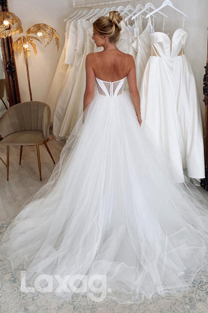 12515 - Pluning V Neck Tulle Backless A Line Wedding Gown