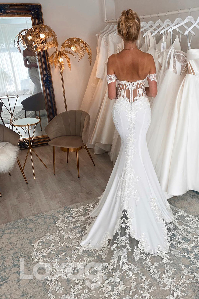 12518 - Off Shoulder Lace Applique Backless Wedding Dress With Sweep Train