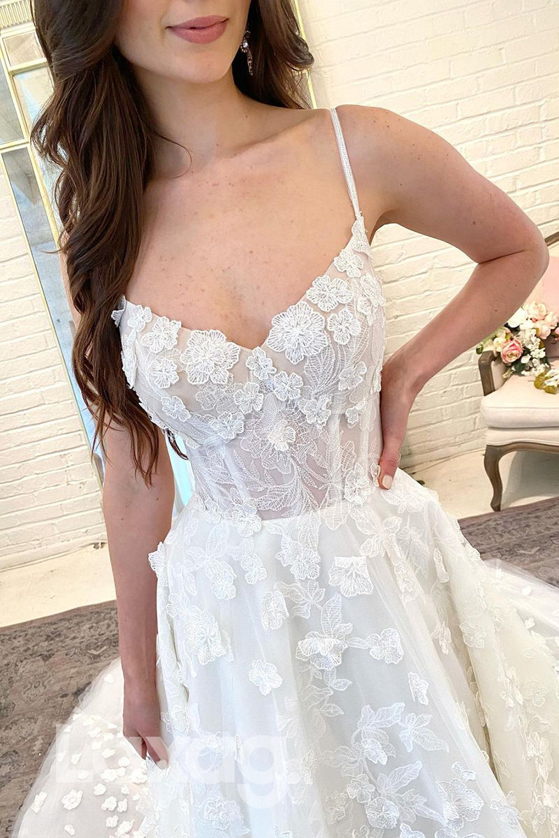14561 - Women's Spaghetti Straps Romantic 3D Lace Wedding Dress|LAXAG