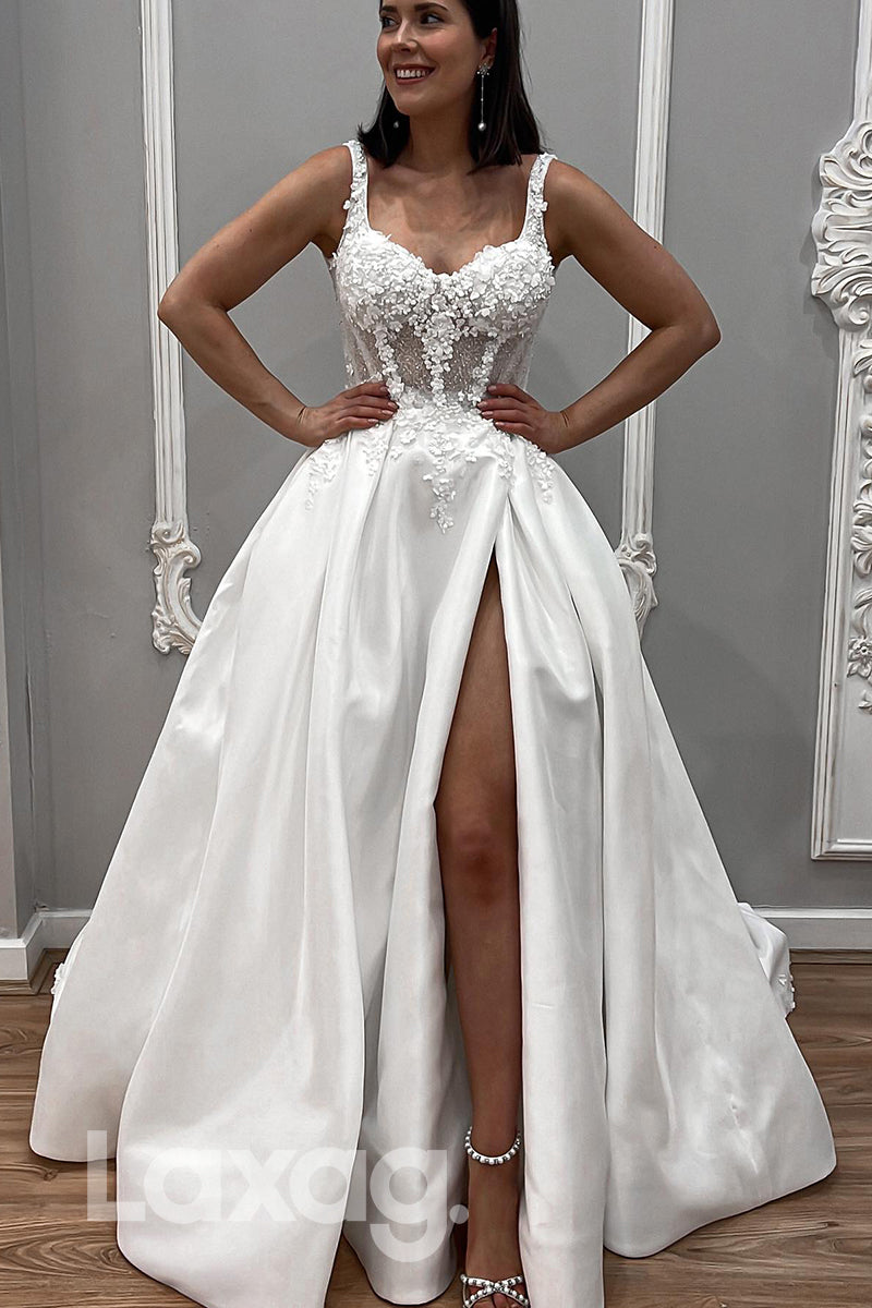 15500 - Spaghetti Bone Bodice Appliqued Thigh Slit Satin Bridal Gown