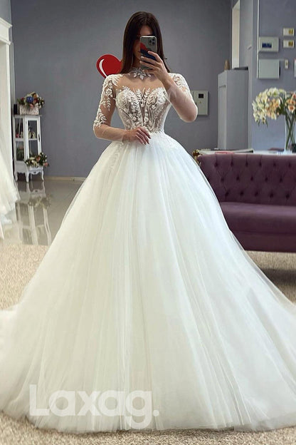 15502 - Illusion Sleeves Appliqued A Line Tulle Bridal Gown