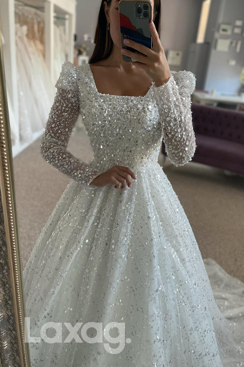 15506 - Sparkly Long Sleeves Glitter Sequined Bridal Wedding Gown