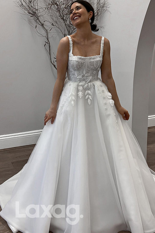 15516 - Spaghetti Pearls Appliqued Bone Bodice A Line Bridal Wedding Gown