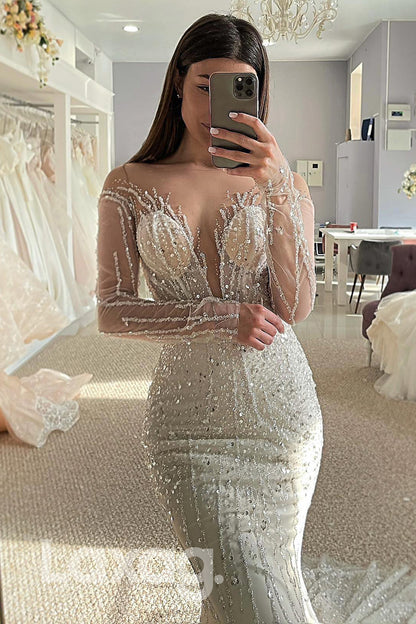 15518 - Plunging V Neck Beads Sequins Mermaid Bridal Wedding Gown