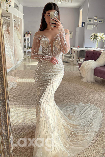 15518 - Plunging V Neck Beads Sequins Mermaid Bridal Wedding Gown