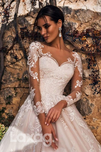 15555 - Illusion Sweetheart Long Sleeves Appliques A Line Lace Wedding Dress