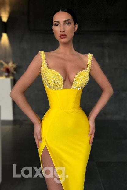 19791 - Sexy V-Neck Beads Sexy High Split Yellow Formal Evening Dress|LAXAG
