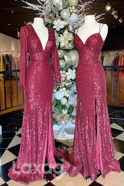 19796 - Plunging V-Neck Sequins Burgundy Prom Dress Glitter|LAXAG