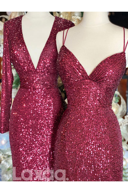 19796 - Plunging V-Neck Sequins Burgundy Prom Dress Glitter|LAXAG