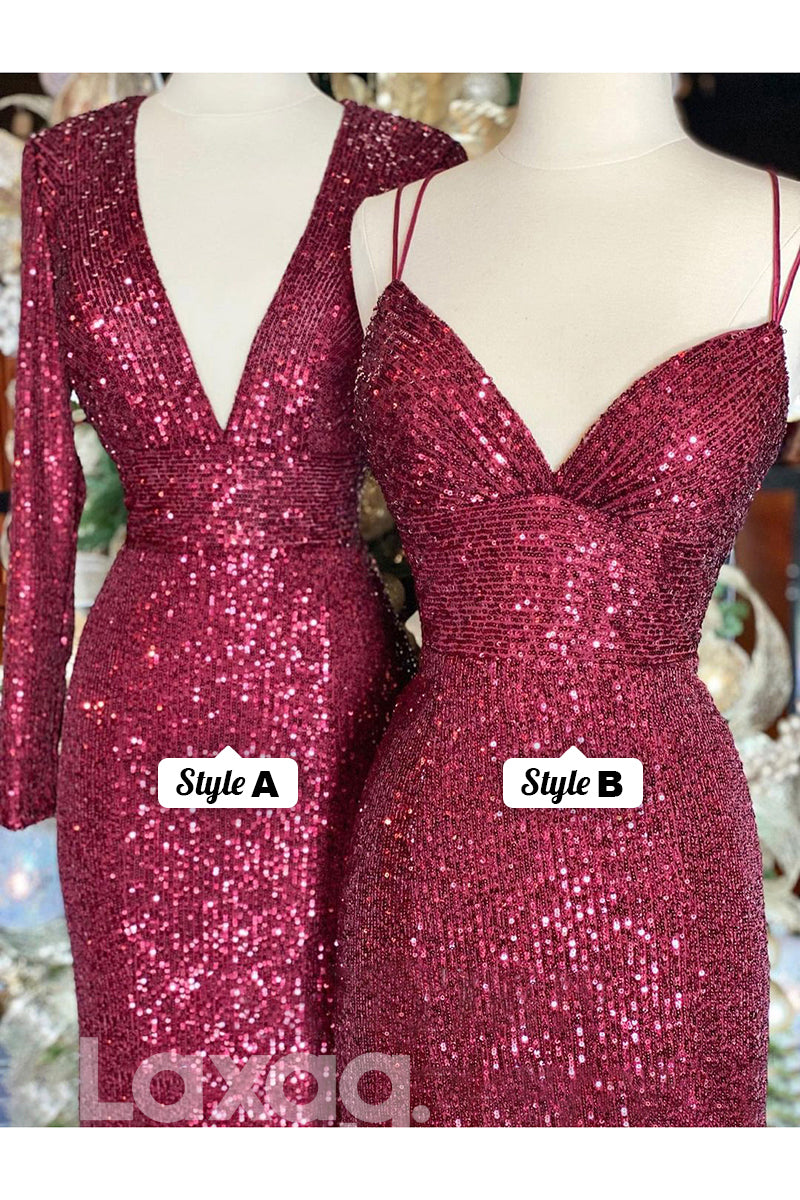 19796 - Plunging V-Neck Sequins Burgundy Prom Dress Glitter|LAXAG