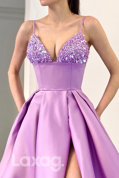 20711 - Spaghetti Sequined Neck Thigh Slit Long Lavender Prom Dress