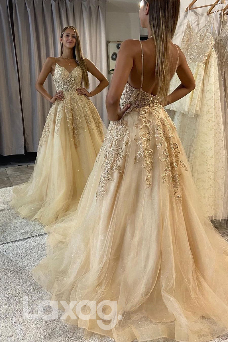 20718 - Spaghetti Straps Lace Appliques A-line Long Prom Dress|LAXAG