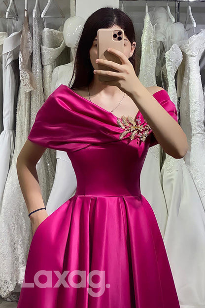 14778 - Off Shoulder V Neck Simple Satin Rosy Pink Prom Gown