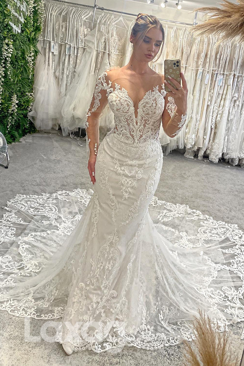 15534 - Plunging V Neck Appliques Sheer Sleeves Lace Mermaid Bridal Gown