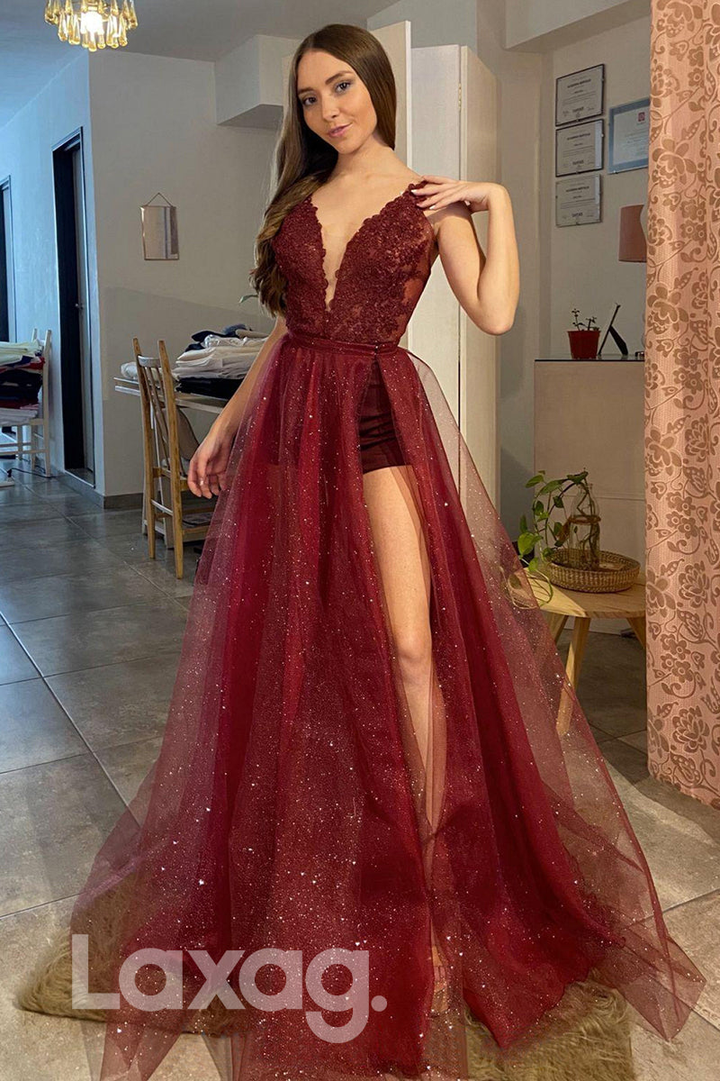 21755 - Plunging V-Neck Lace Appliques Burgundy Prom Dress with Detachable Skirt