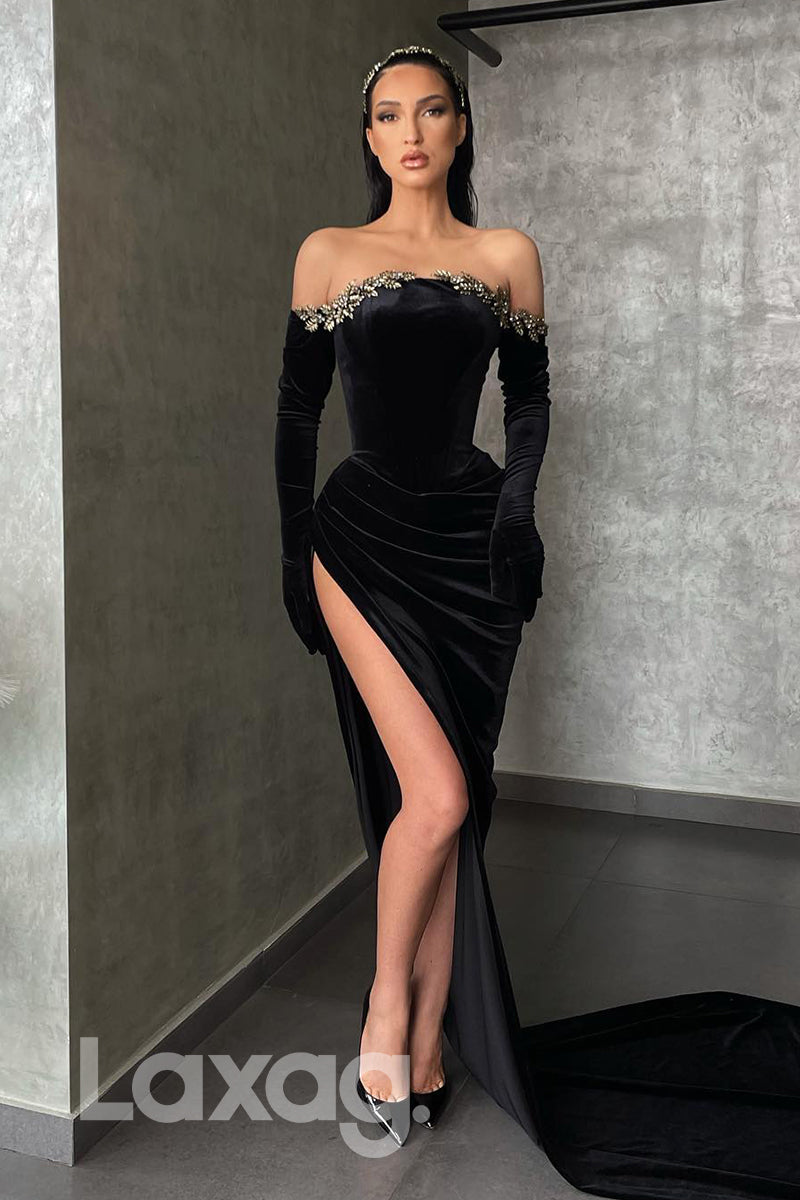 21785 - Off Shoulder Thigh Slit Velvet Prom Dress With Gloves