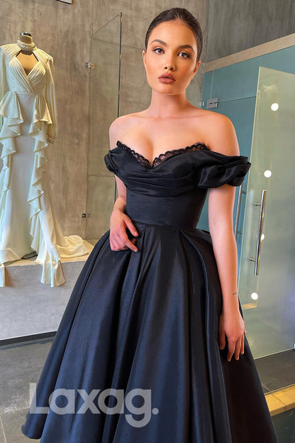 12759 - Off Shoulder Open Back A-Line Ankle Length Black Prom Dress