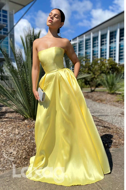 Strapless Neon Yellow Gown 21702 Strapless A-line Yellow Satin Long Prom Dress With Pockets Strapless Neon Yellow Gown 21702 Strapless A-line Yellow Satin Long Prom Dress With Pockets