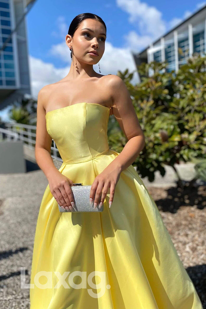 21702 - Strapless A-line Yellow Satin Long Prom Dress with Pockets Laxag 21702 - Strapless A-line Yellow Satin Long Prom Dress with Pockets Laxag