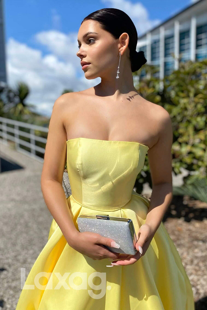 21702 - Strapless A-line Yellow Satin Long Prom Dress with Pockets Laxag 21702 - Strapless A-line Yellow Satin Long Prom Dress with Pockets Laxag