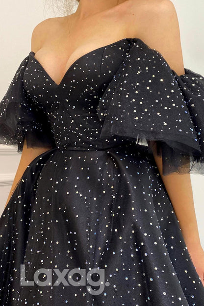 21714 - Sexy V-Neck A-line Short Sleeves Black Prom Dress
