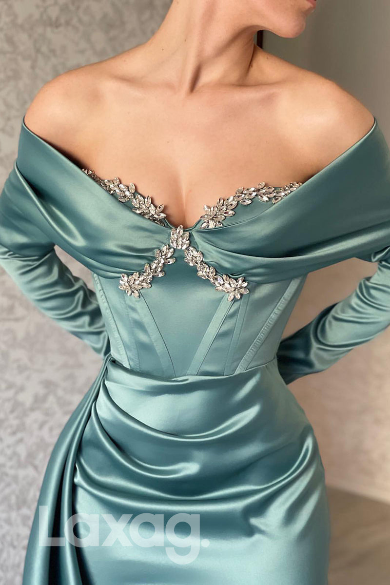 21769 - Off Shoulder Long Sleeves Beaded Prom Evening Dress