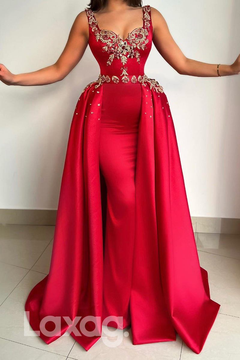 21770 - Spaghetti Sleeveless Beaded Prom Evening Dress With Overskirt