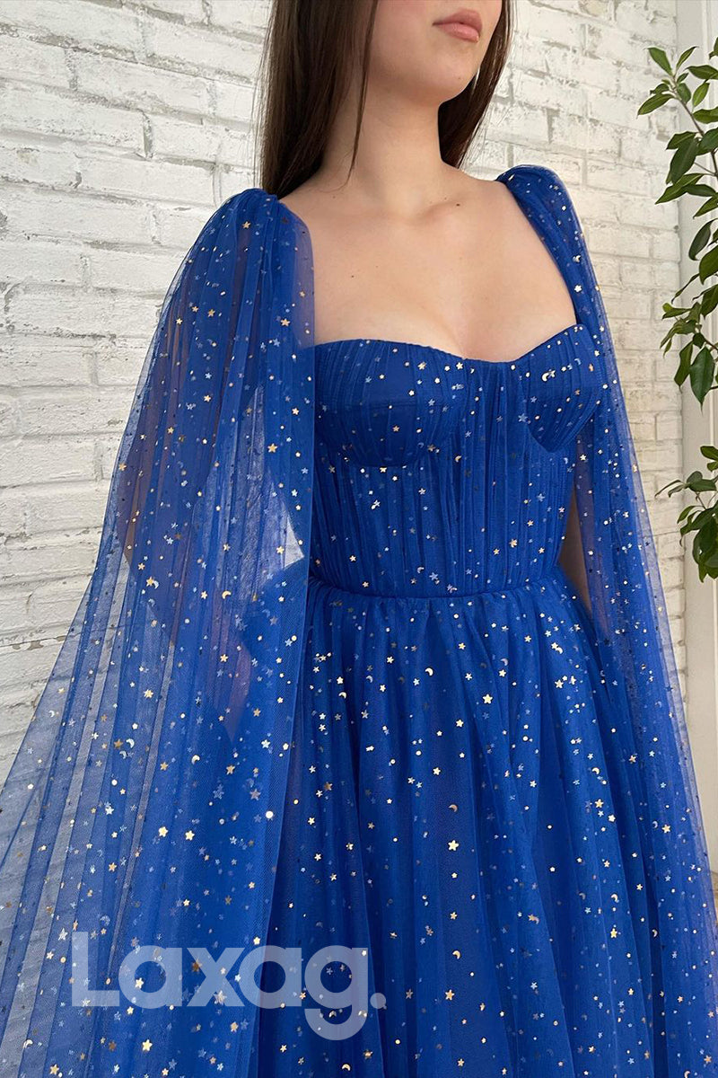 16700 -Strapless Bling Star Blue Formal Dress With Cape