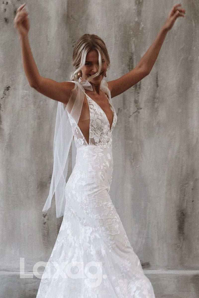 13581 - Plunging V-neck Allover Lace Wedding Dress Mermaid Bridal Gown|LAXAG