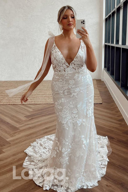 13581 - Plunging V-neck Allover Lace Wedding Dress Mermaid Bridal Gown|LAXAG