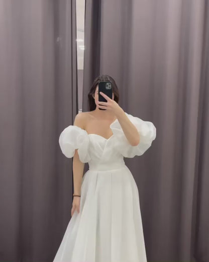 15520 - Puffy Sleeves A Line Chiffon Bridal Wedding Gown