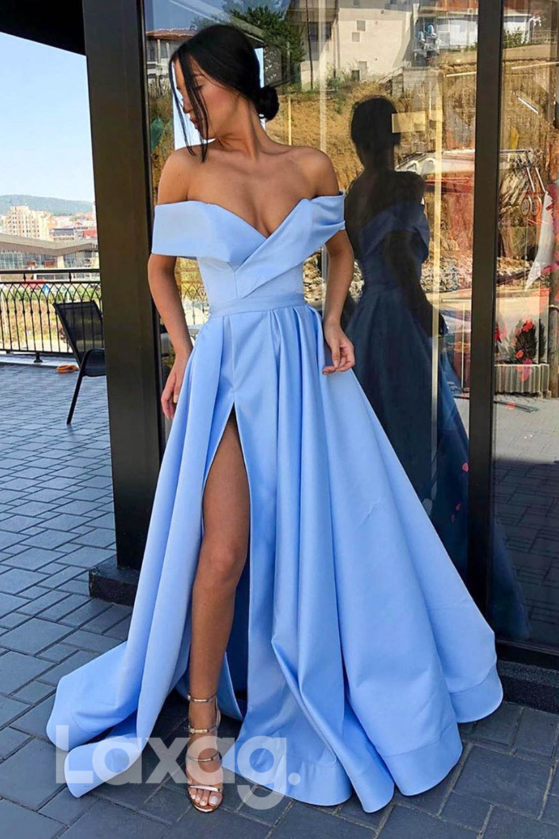 14710 - Long Off-Shoulder Strapless Satin Gown With Slit - Laxag